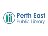 perth east public library in blue with a set of three books in a circle