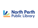north perth public library logo in navy, with blue, navy, orange, and green abstracted book
